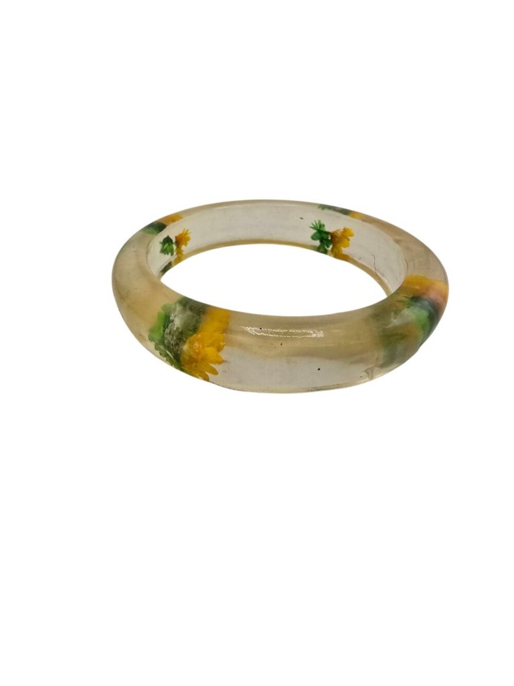 Vintage 60s Green/Light Yellow Dried Flowers Lucite/Acrylic Bangle Bracelet